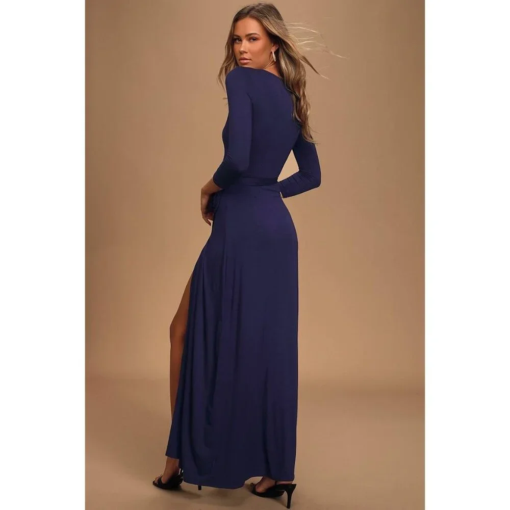Lulus Wrapped Up In Style Navy Wrap Maxi Dress Long Sleeve Slit Size Large - Picture 3 of 15